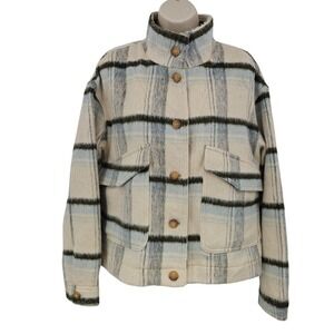 Bagatelle Collection‎ Jacket Womens Medium Cream Blue Plaid Stand Collar Shacket